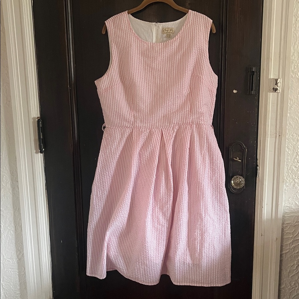 UK 18/US 14 Retro 50s 60s Pink Pinstripe Seersucker Sleeveless Party Sun Dress